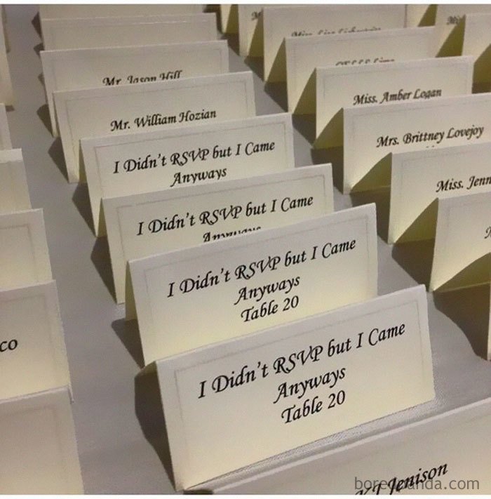 wedding name cards making fun of guests who did not send rsvp