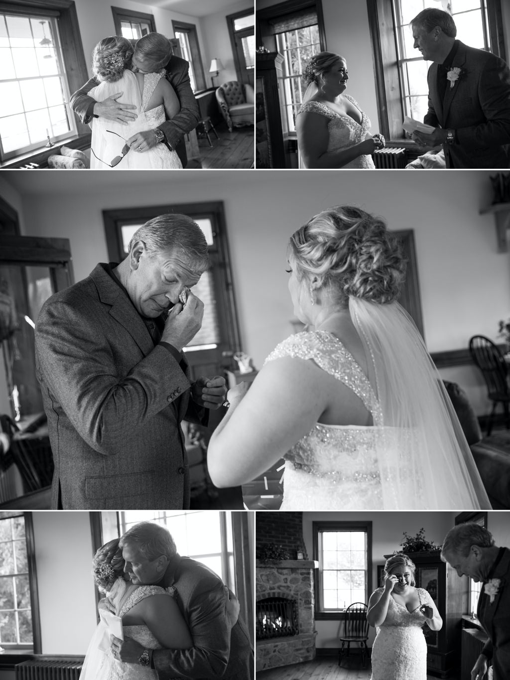 a dad and bride crying after seeing each other for the first time on the wedding day.