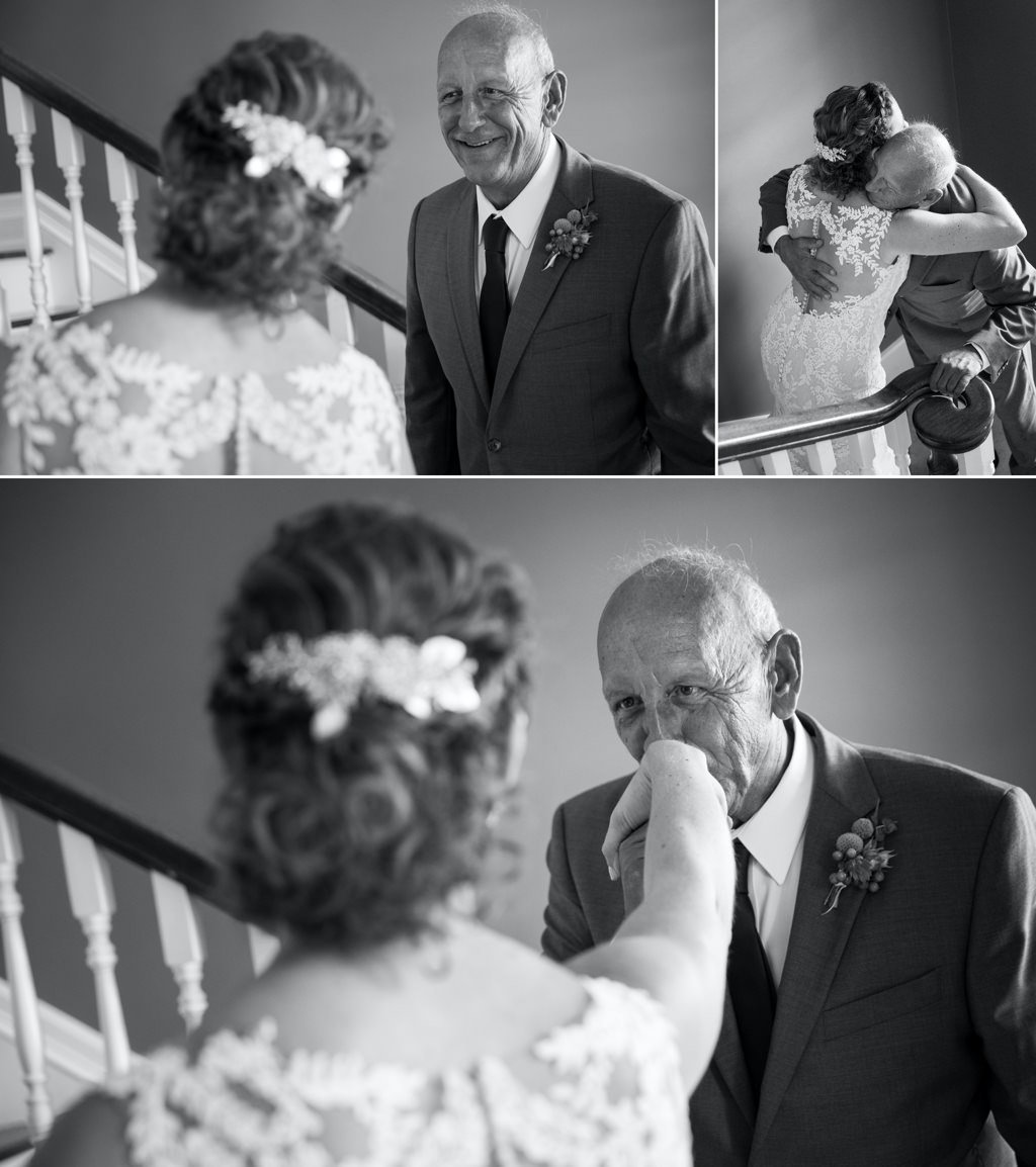 A father of the bride seeing his daughter for the first time on the wedding day.
