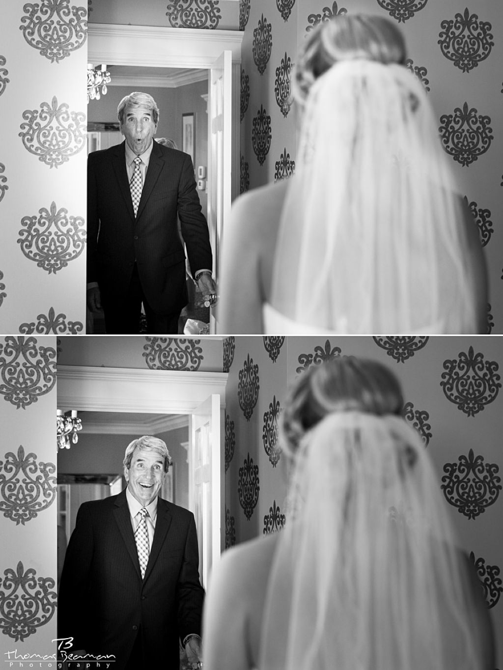 father daughter first look wedding photo. A priceless expression from the dad seeing the bride on the wedding day for the first time.