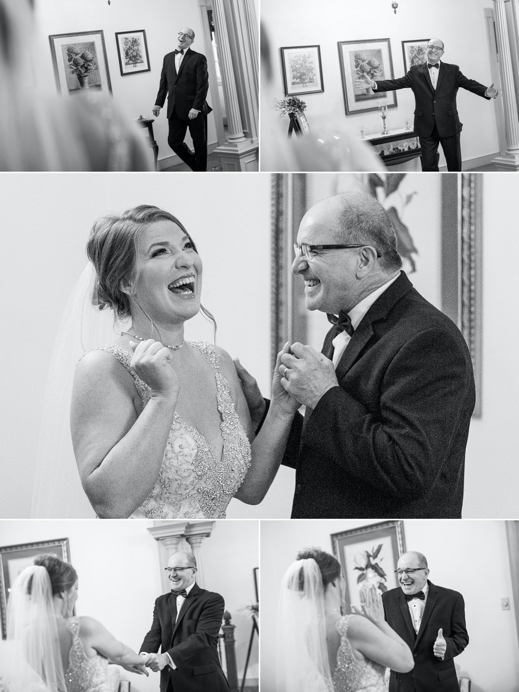 A bride and her dad showing their excitement after seeing each other for the first time on the wedding day.