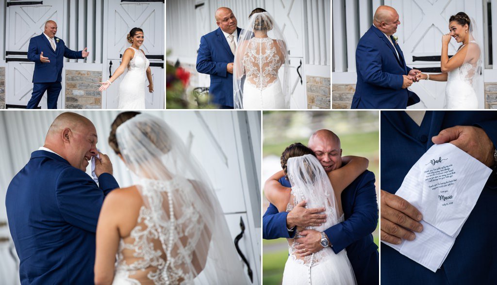 A father crying after seeing his daughter in her wedding dress. A gorgeous father daughter first look wedding photo.