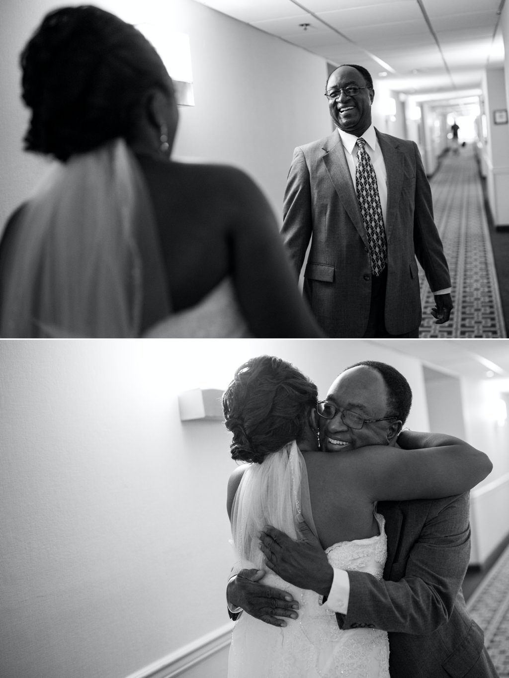 A happy dad seeing his daughter for the first time on her wedding day.