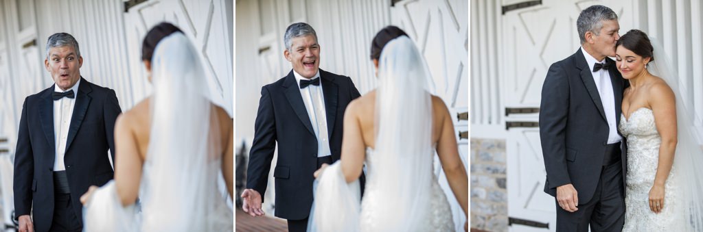 A photo series of a father seeing his daughter during their first look on the wedding day.