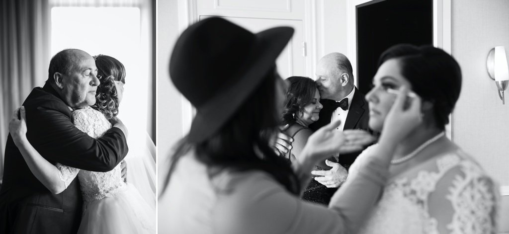 A father hugging his daughter on the wedding day after their first look.