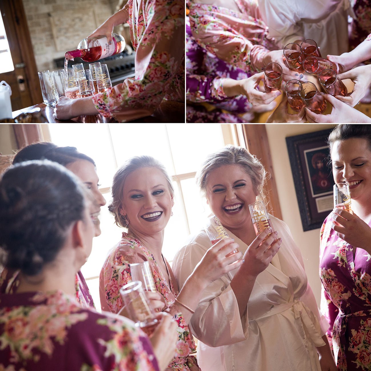 A bride and bridesmaids playing the he said she said bridal shower game while drinking champagne