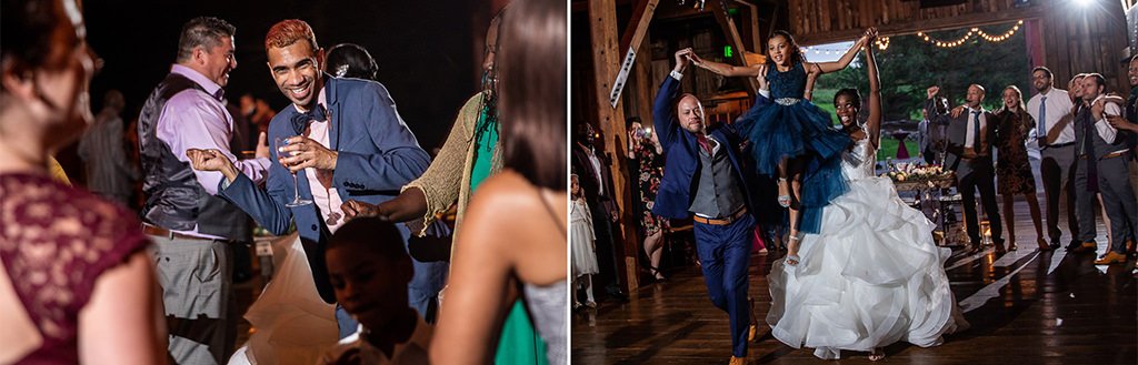 A bride and groom lifting a girl in the air on a wedding reception dance floor