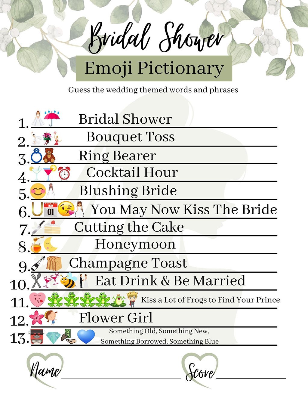 A photo of the answer key for the Emoji Bridal Pictionary game.