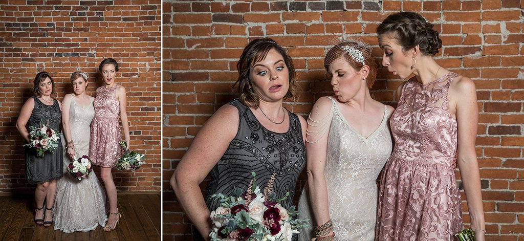 A bride and bridesmaids making funny faces at each other