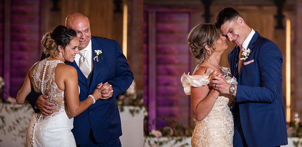 a mother and son doing a combined wedding dance with a father and daughter to their favorite songs at a wedding reception.