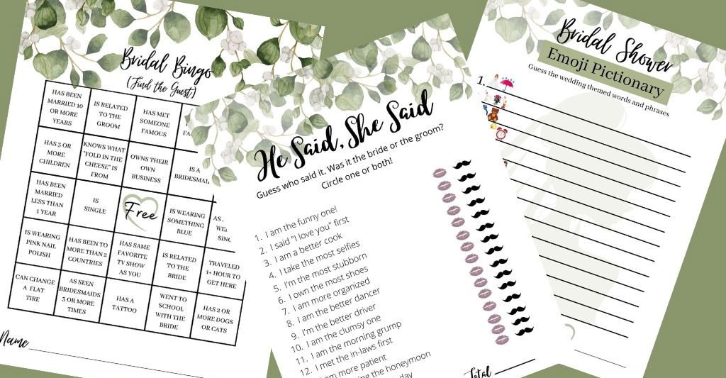 a photo of 3 free printable bridal shower games with greenery