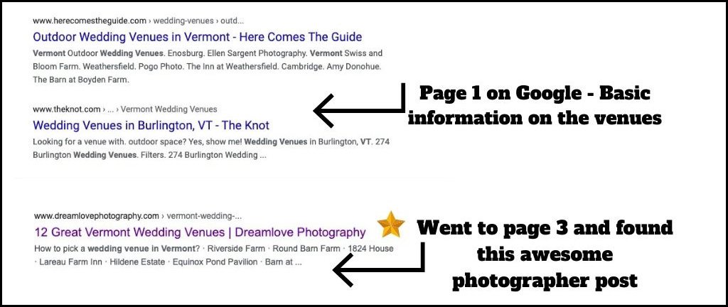 A screen capture of a Google listing that shows the best wedding venues in Vermont.
