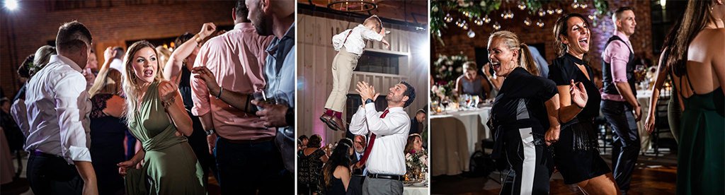 Many wedding guests dancing on the dance floor at a wedding reception. When thinking of questions to ask your DJ, you should ask how they plan to keep your guests happy.