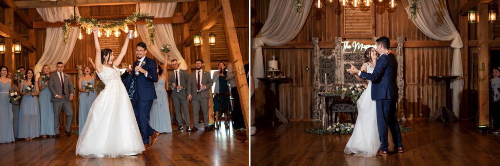 A bride and groom entering their wedding reception to hit music.
