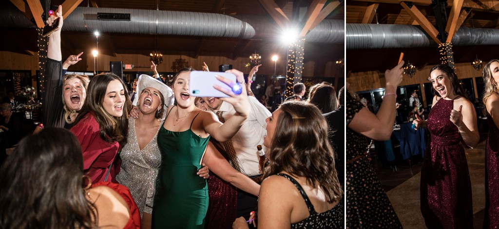A fun wedding party dancing at a wedding reception. This is for the article called best wedding songs for ceremony and reception