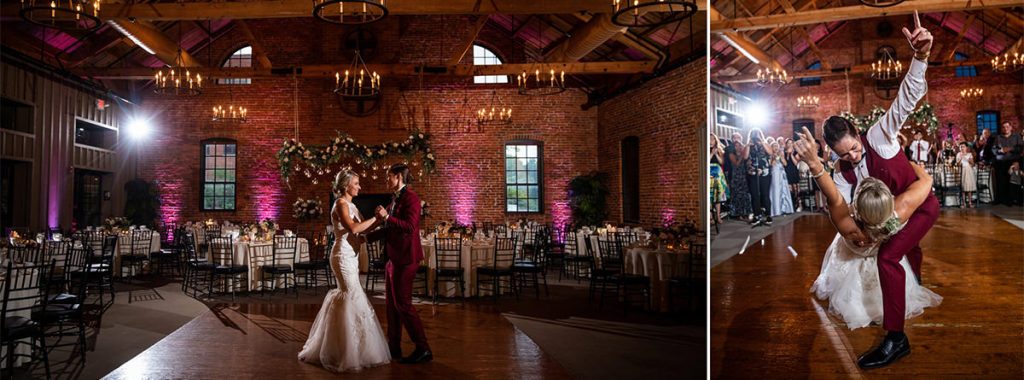 two brides sharing a first dance at their wedding reception. They are dancing to Michael Buble.