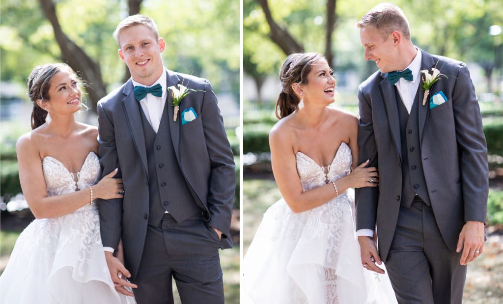 a bride and groom laughing together.