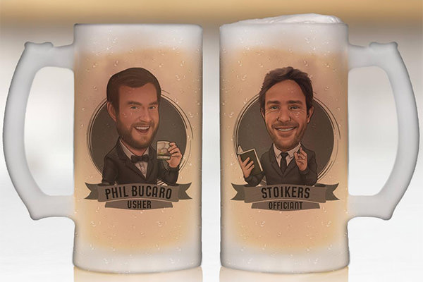 2 frosted mugs with cartoon drawings of the groomsmen on the front