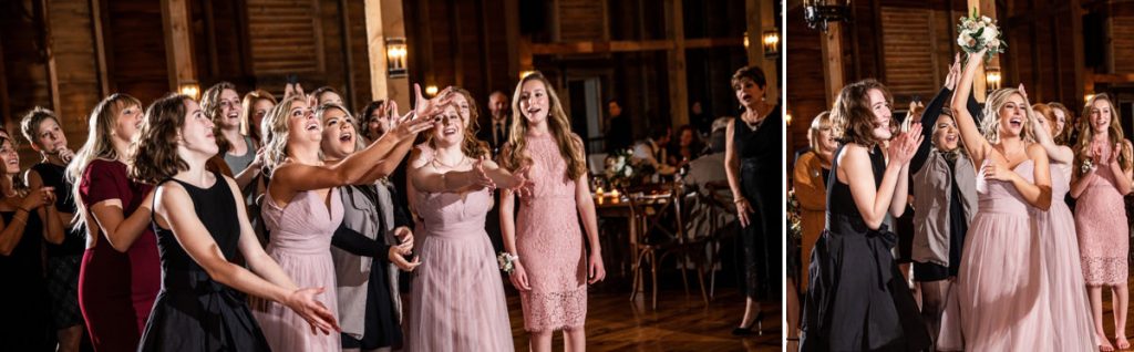 A group of bridesmaids trying to catch the bridal bouquet after the bride tossed it during the wedding reception.