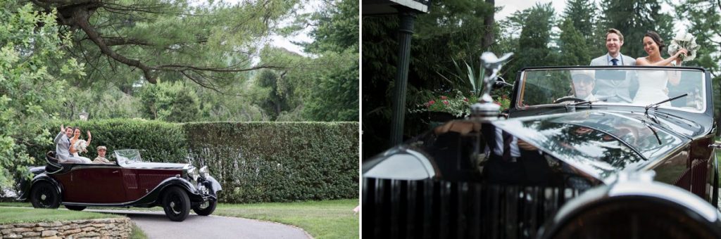 A couple leaving their wedding in a classic antique car