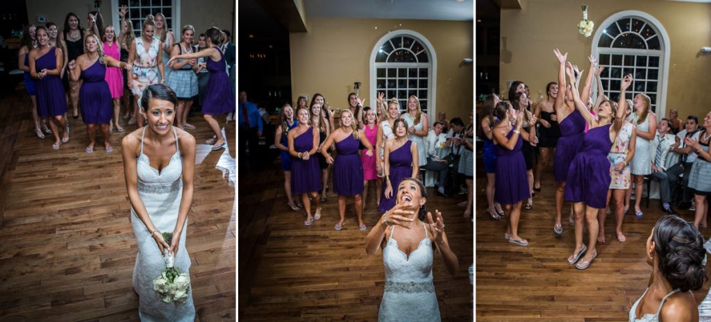 A bride tossing the bouquet to a group of girls. The DJ was playing a funny song as the bride tossed the flowers.
