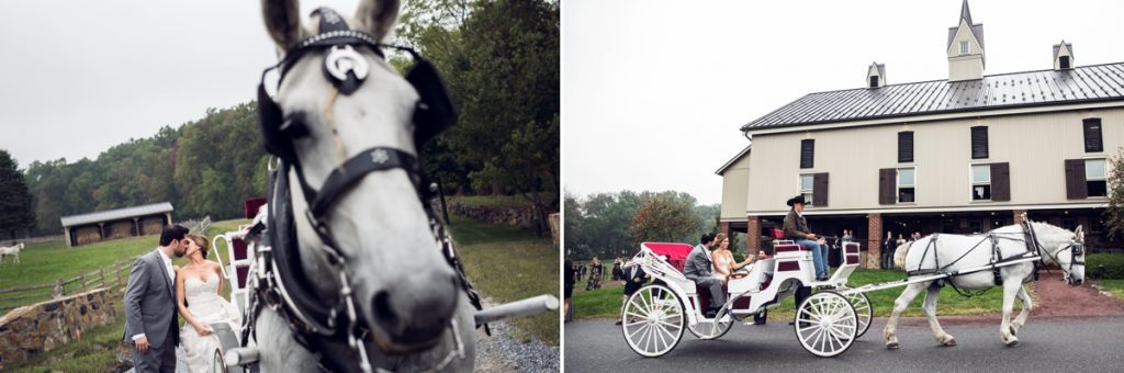 A bride and groom leaving their wedding ceremony by horse and carriage