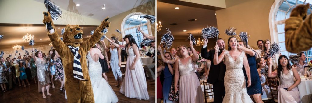 The Penn state Nittany Lion at a wedding using school cheer poms on the reception dance floor