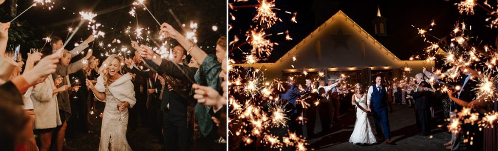sparkler exit send off ideas for a wedding reception. Both of these photos show a couple walking down the aisle after their wedding through a tunnel of sparklers being held by the guests.