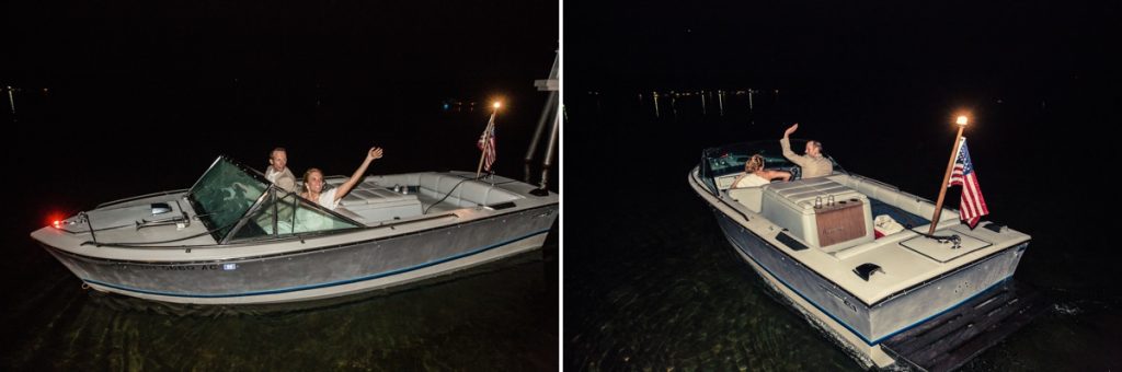 A bride and groom leaving their wedding reception by boat