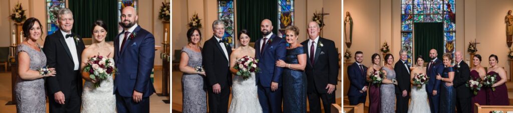 wedding family photos being taken at a church