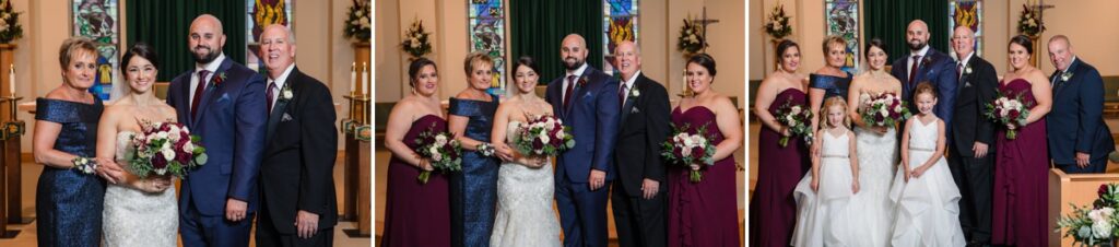 Family photos being taken inside of a church after the ceremony.
