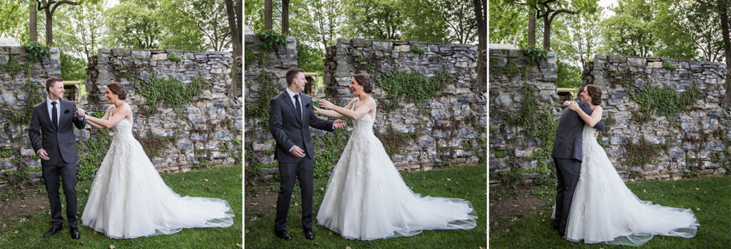 A bride and groom doing a first look at the wedding
