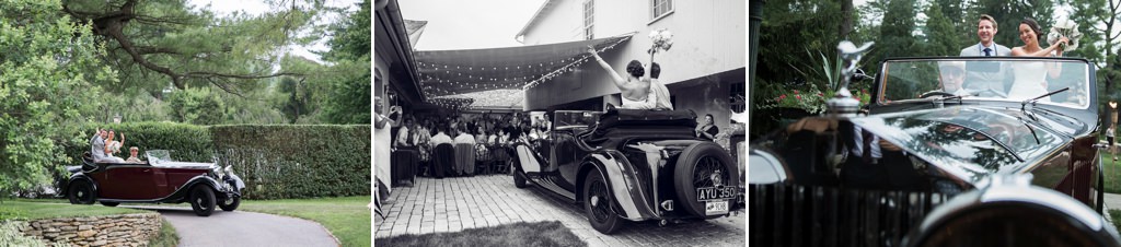A bride and groom entering their reception in an old antique car.