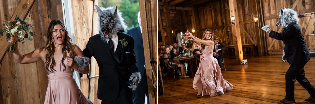 A guy dressed like a wolf walking into a wedding reception with a bridesmaid.