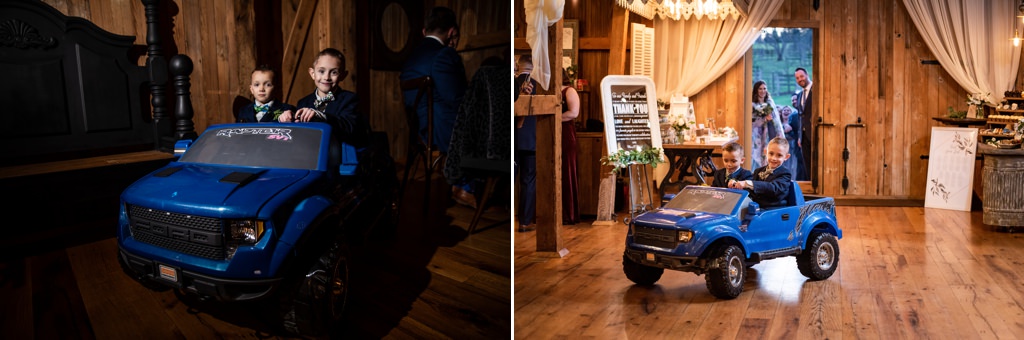 ring bearer entering the reception on a ride on vehicle. Such a fun idea for the bridal party entrance.