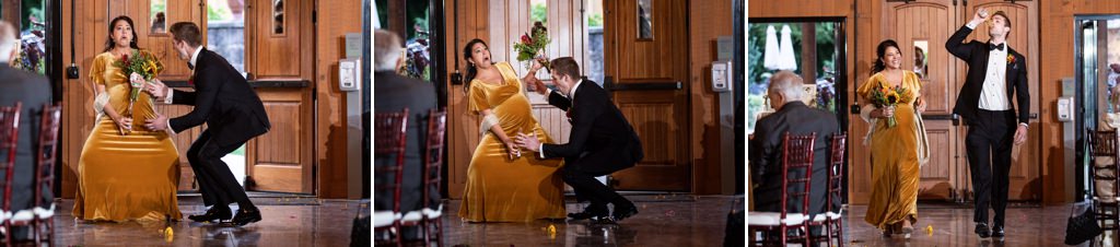 A bridesmaid pretending to give birth to a beer bottle during the reception entrance.