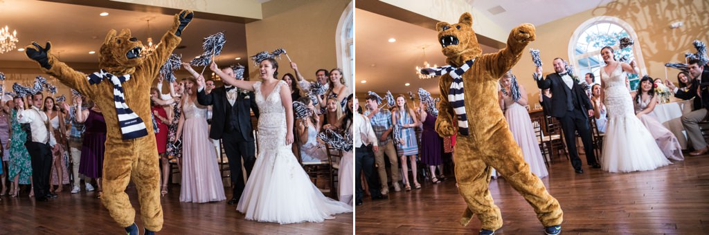 The Nittany Lion making an appearance at this Penn State themed wedding reception.