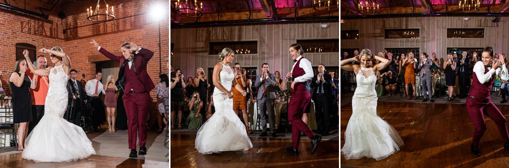 two brides entering the reception while having a dance contest