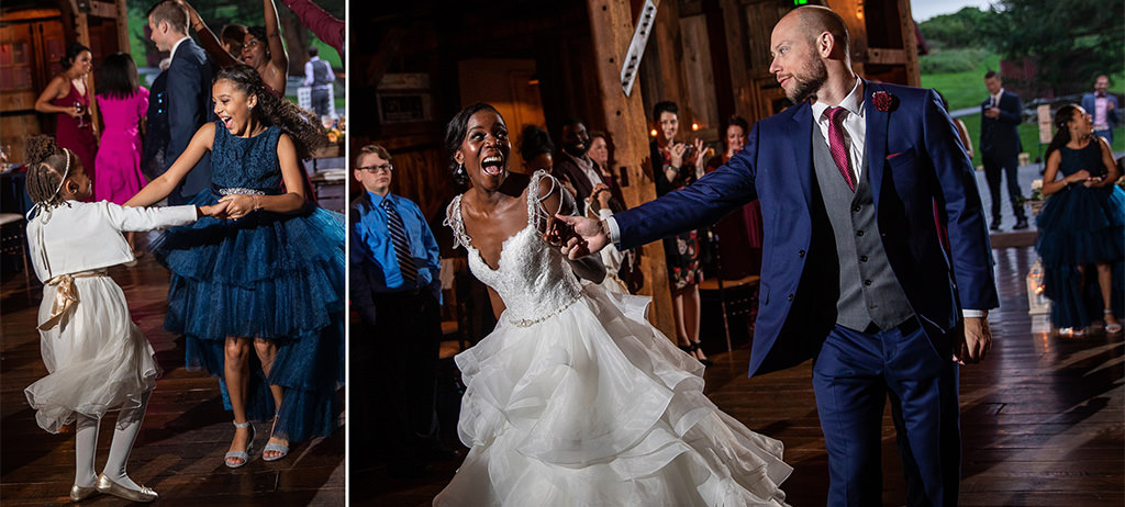 A bride and groom doing their first dance to the best 70s songs at a wedding reception