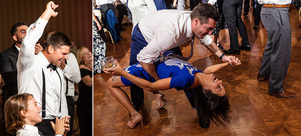 A fun wedding reception that had 70s music playing at it. 2 people dancing in the middle of the dance floor.