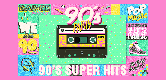 A mix tape with the text 90s party. This is the cover image for the article best 90s dance songs