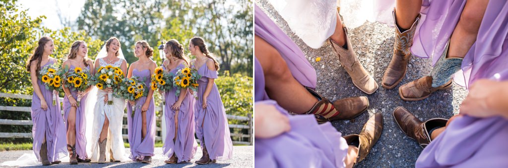A bride and bridesmaids wearing cowboy boots