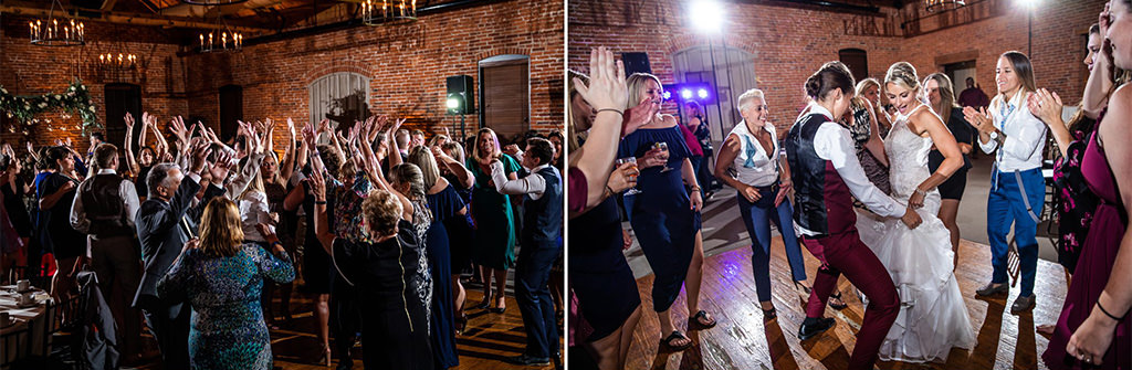 Two brides dancing to the best 70s songs at their wedding reception