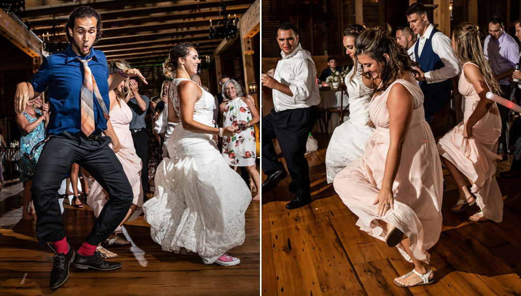 A bride and bridesmaid dancing to cotton eyed joe at a wedding reception. that is one of the best country songs to use for a wedding reception.