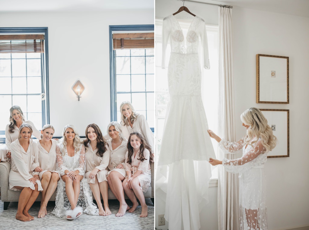 A bride looking at her wedding dress hanging in the window