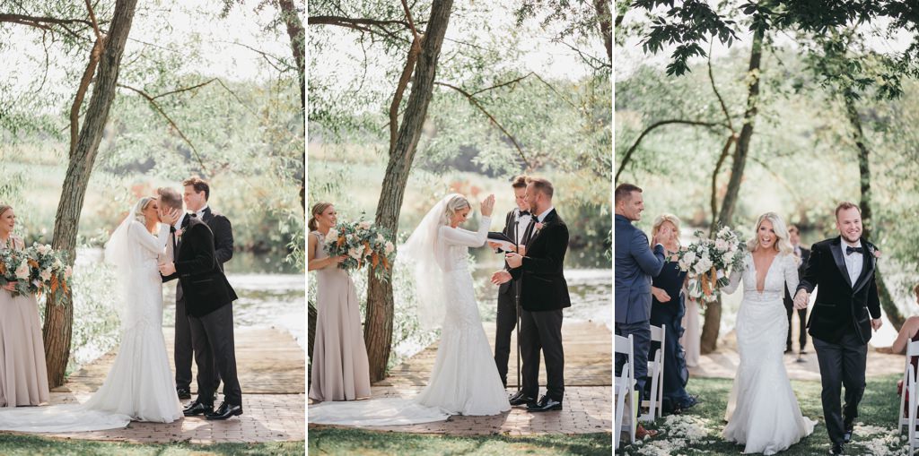 A bride and groom walking down the aisle at their wedding that took place by the pond at The Farm at Eagles Ridge.