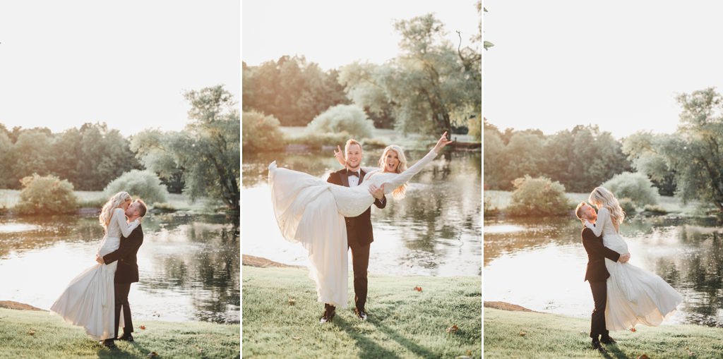 A bride and groom dancing by the pond at the farm at eagles ridge in Lancaster, PA