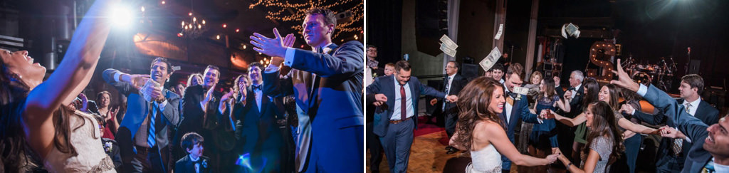 A bride getting money thrown at her during the dollar dance. This is for the article called best dollar dance songs for a wedding