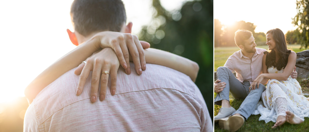 A photo of a man and wan just after they got engaged. The photo on the left is a close up of her engagement ring. The photo on the right is them smiling at each other. This is for the article called best engagement quotes for instagram
