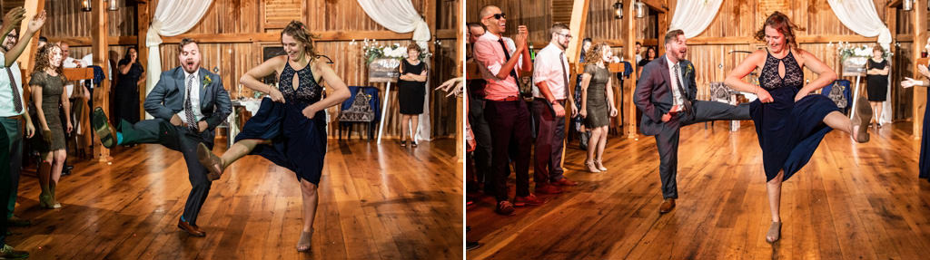 wedding guests doing The Footloose dance at a wedding reception